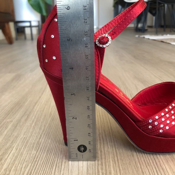 Marchez Vous Red Heels with Rhinestones and Ankle Strap, Size 6 - Picture 7 of 13